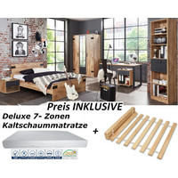 JUGENDZIMMER Liverpool in Plankeneiche und Graphit 8 teilig mit 140er Bett und Drehtürenschrank - Braun, Holzwerkstoff (120/200/80cm)