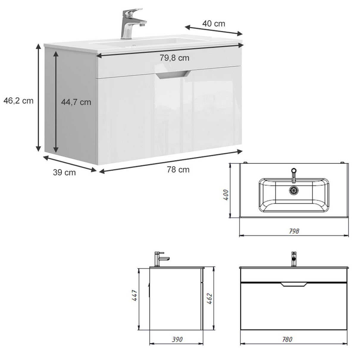 WASCHTISCHKOMBI Stefanie, Weiß Hochglanz, 2 Teile, Unterschrank 80 cm - Weiß, Holzwerkstoff (80/46.2/40cm) - Vicco