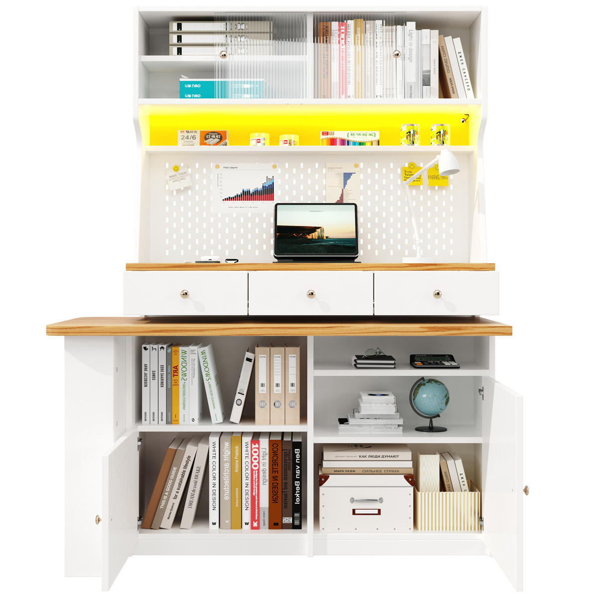 BUFFET 137/45/178 cm aus MDF mit ausziehbarer Tischplatte und LED-Beleuchtung Weiß - Weiß, Holzwerkstoff (137/178/45cm) - Modenvie