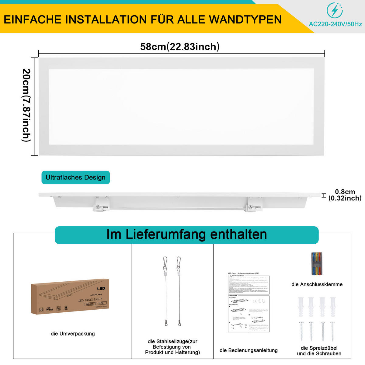 DECKENLEUCHTE PA1071EL LED Panel 58/20/3.9 CM - Weiß, Metall (58/20/3.9cm) - LOVHAUS