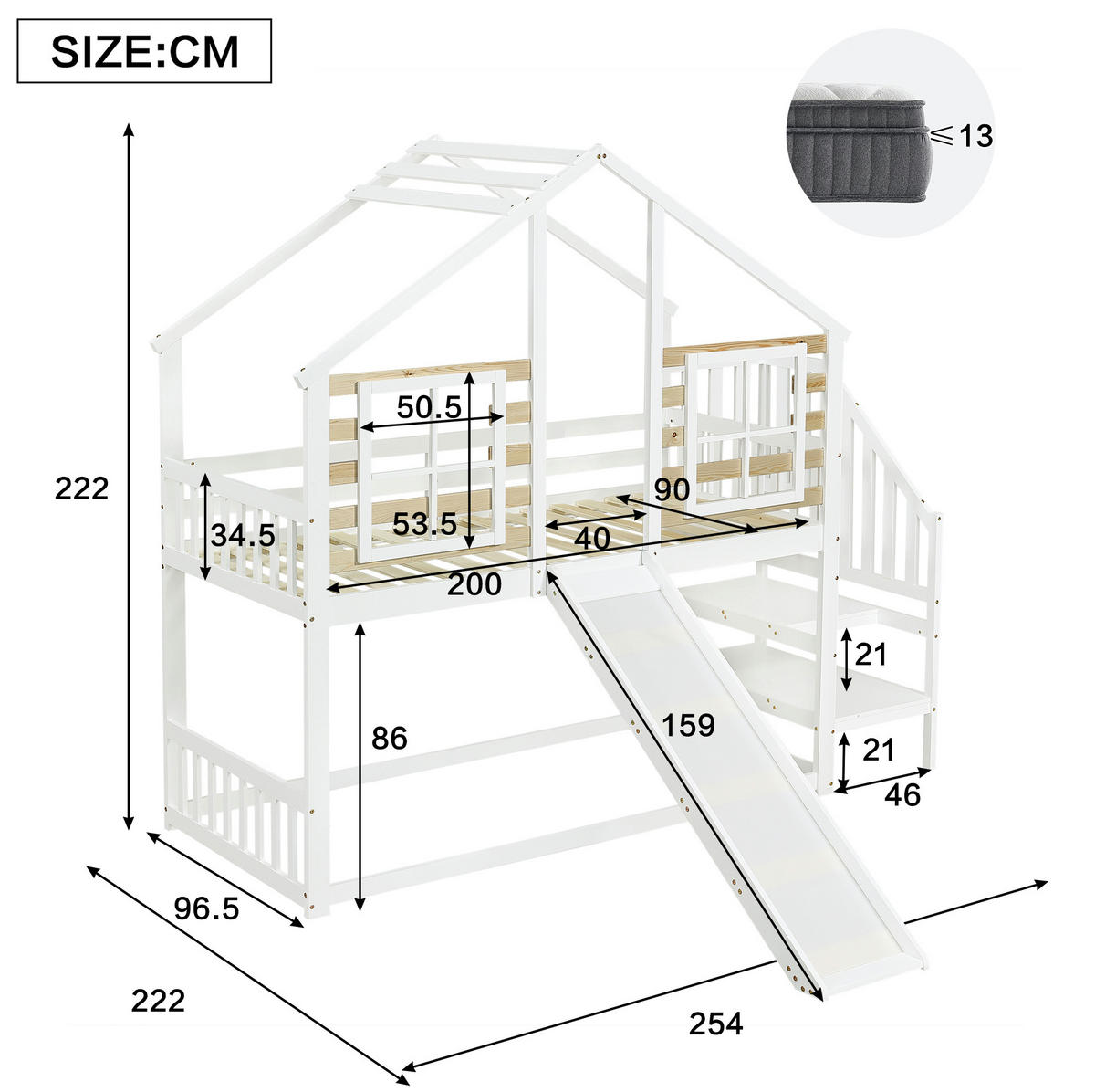 POSCHODOVÁ posteľ 90/200 cm biela/prírodná so šmykľavkou, schodíkmi a oknami z masívneho dreva a MDF - biela, kompozitné drevo (90/200cm) - OKWISH