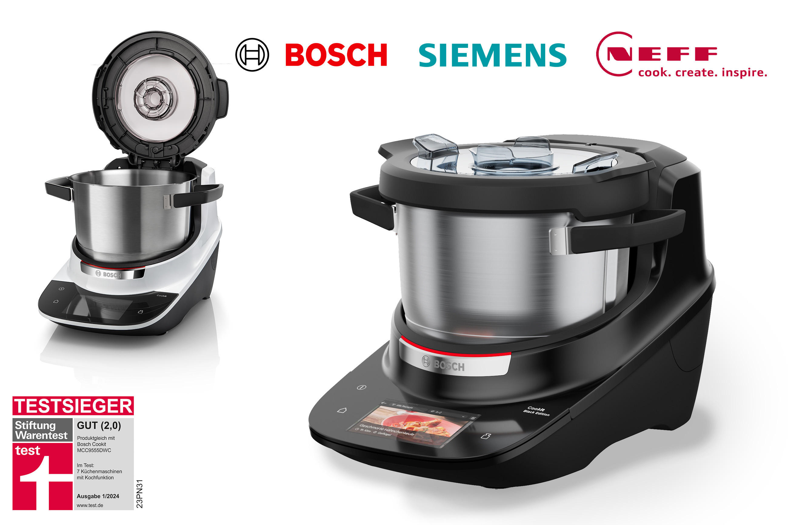 2 Cookit Freisteller zusammen mit den Markenlogos Bosch, Siemens und Neff; Testsieger Stiftung Warentest Gut (2,0)