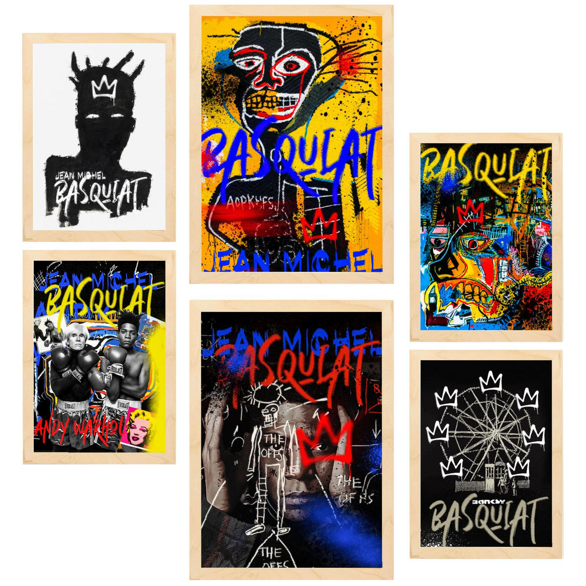 POSTER Set Mit 6 Ikonische Basquiat Graffiti Pop Art A3 & A4 Rahmen Aus Hellem Holz - Beige, Papier (29/3cm) - Nacnic