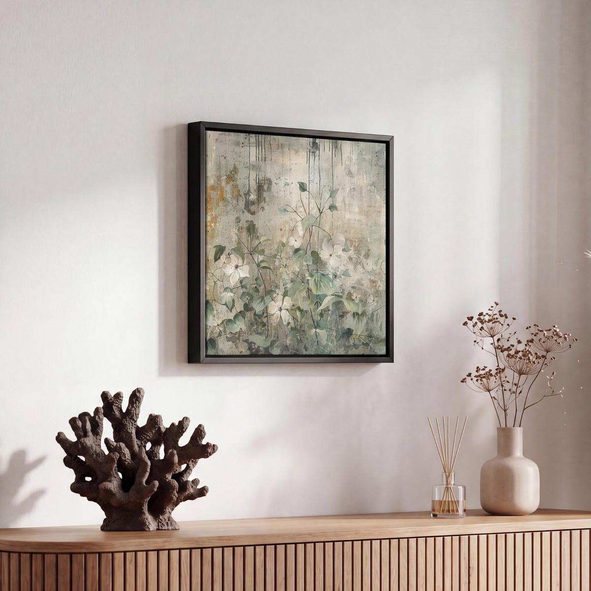 LEINWAND Bilder mit Rahmen - Blumen - Blätter - Abstrakt - Modern - 20x20 - Grau, Textil (20/20cm) - MuchoWow