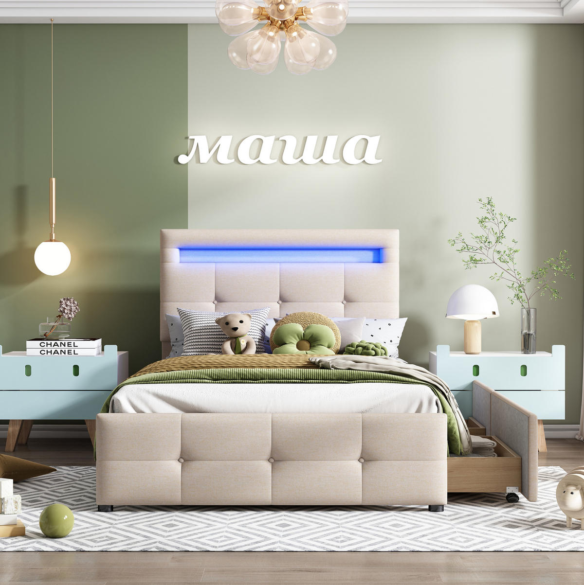 ČALÚNENÁ posteľ z dreva a čalúnenia 90x200 cm béžová s LED osvetlením a 2 zásuvkami - béžová, textil (90/200cm) - Modfu