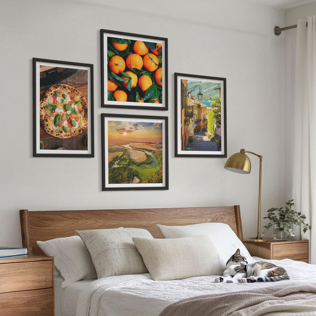 BILDER SET 4er Set - 50x50 cm & 40x60 cm Schwarzer Rahmen - Italienische Flüsse, Hügel, Straße - Schwarz, Kunststoff (50/50cm) - TULUP