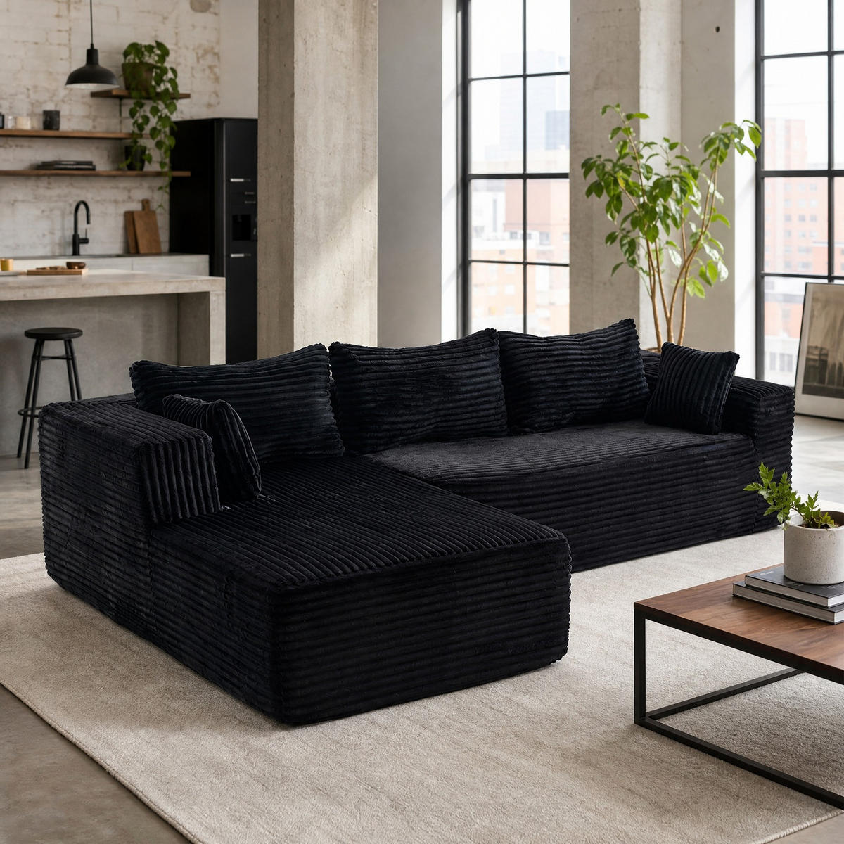 SOFA mit Chaise 2-teilig Schwarz Cord - Schwarz, Kunststoff (179/279cm) - Meubliv