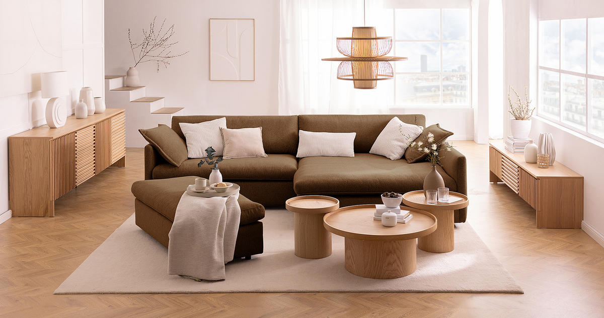 ECKSOFA mit Longchair - Schwarz/Haselnussfarben, Kunststoff/Textil (290/183cm) - home24