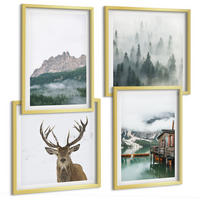 BILDER SET 4er Set - 50x50 cm & 40x60 cm Goldrahmen - Berge, See, Hirsche, Hütte, Nebel - Goldfarben, Kunststoff (50/50cm) - TULUP