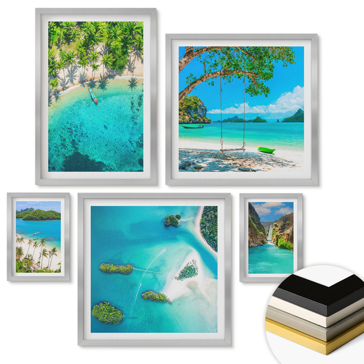 WANDBILDER 5er Set - 50x50 cm & 20x30 cm & 40x60 cm Silberner Rahmen - Strände, Palmen, kristallklares Wasser - Silberfarben, Kunststoff (40/60cm) - ArtPrintCave