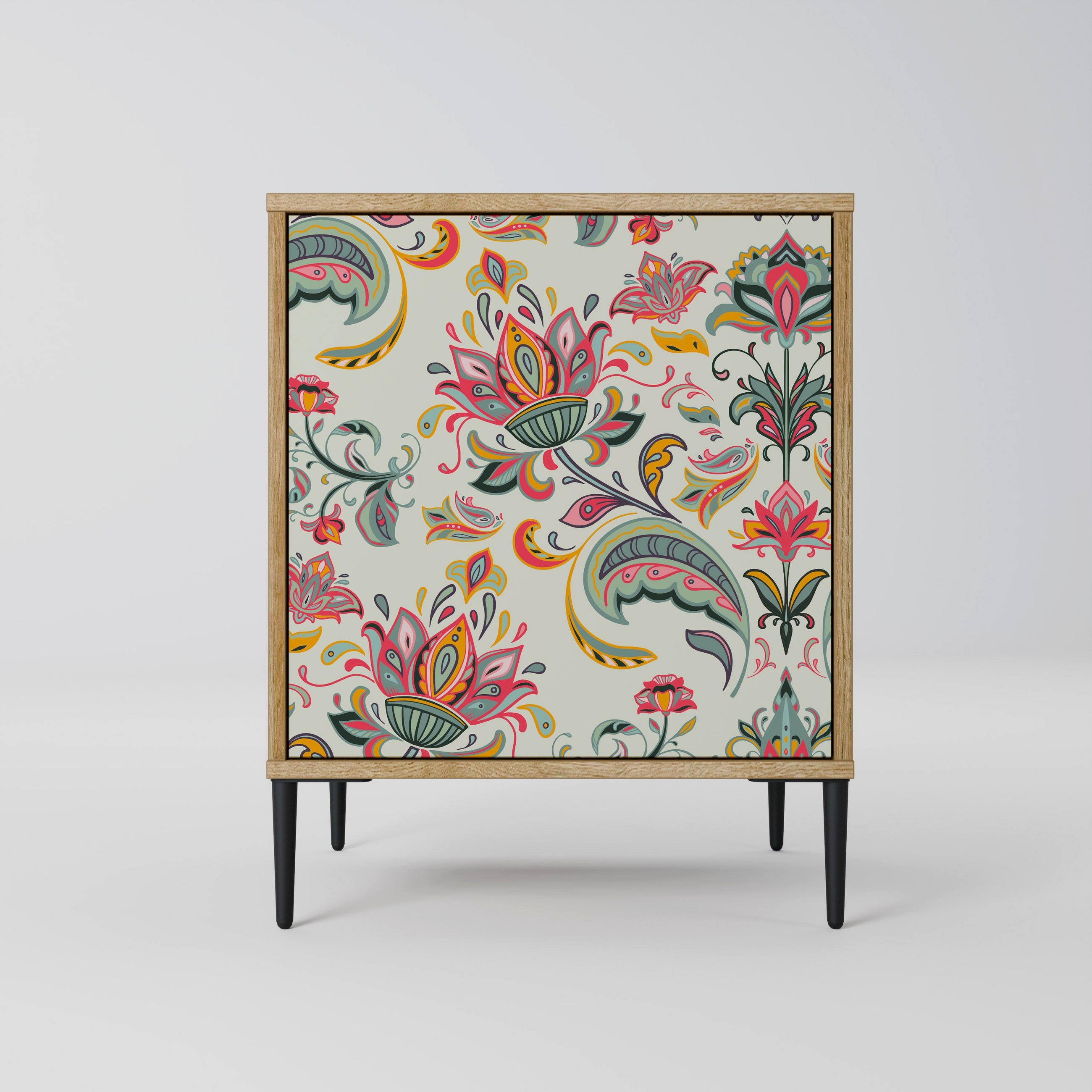 SIDEBOARD ORGANIC FOLKLORE, Eichefarben, 57,5x42x72,5 cm, Schwarze Metallfüße - Eichefarben/Multicolor, Holzwerkstoff/Metall (57.5/72.5/42cm) - SpaceRebels