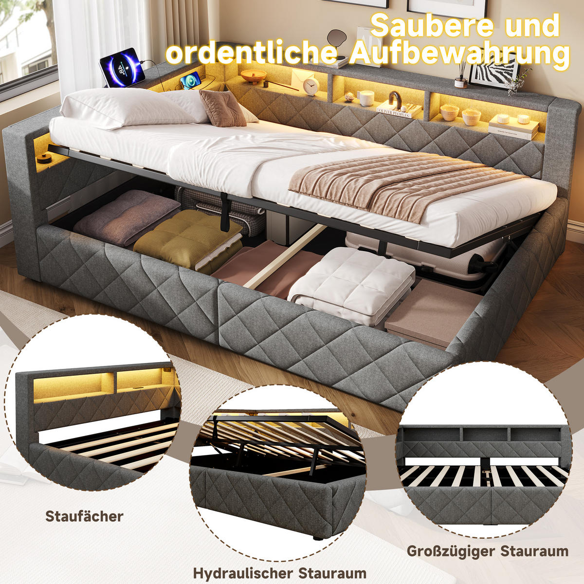 SCHLAFSOFA 140 x 200 cm, Grau, Leinen, LED, USB - Grau, Naturmaterialen (140/200cm) - FLIEKS