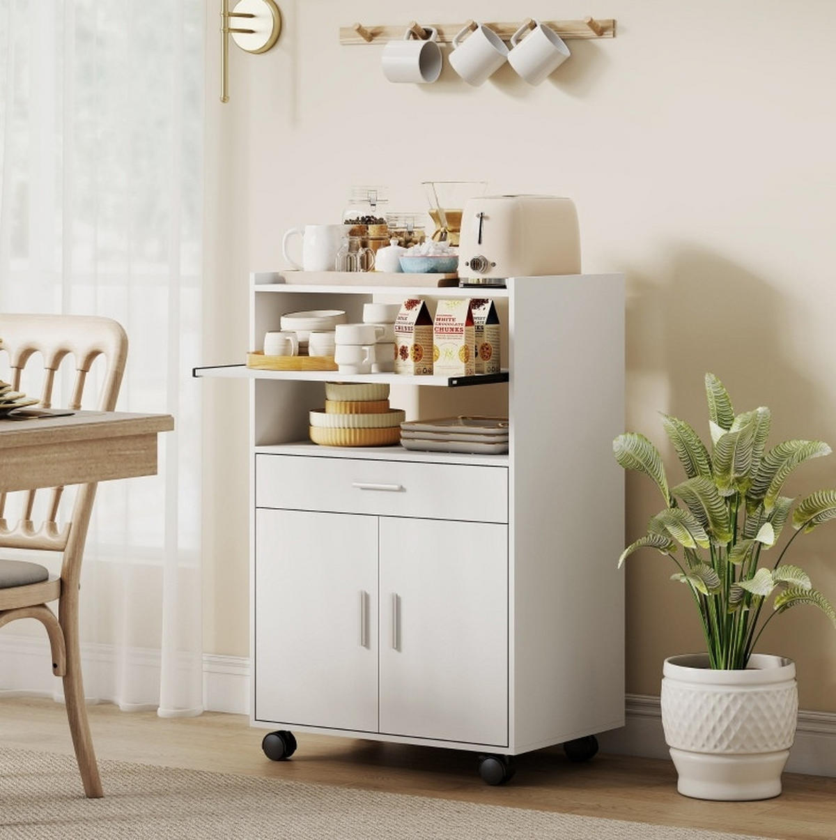 BUFFETSCHRANK mit Rollen, Schublade und Doppeltürschrank im minimalistischen Design, Weiß - Weiß, Holz (59/92/40cm) - Redom