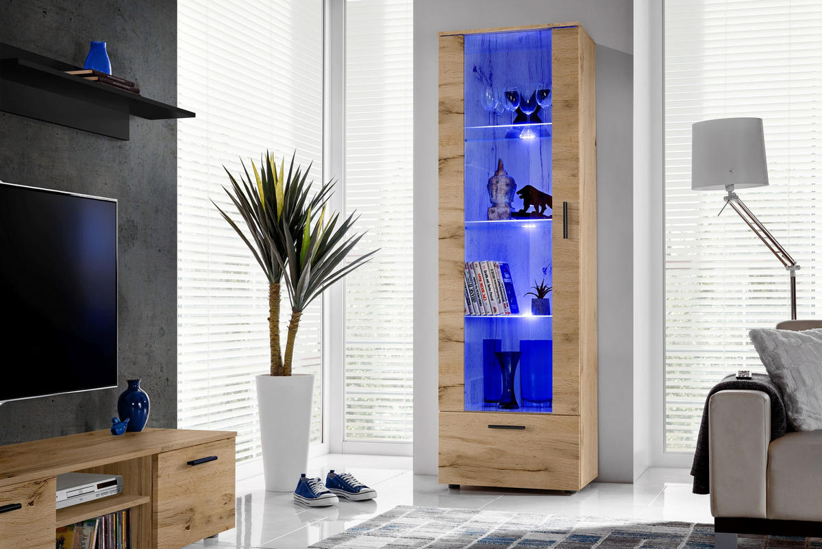 VITRINE ALESSANDRIA, Wotan, LED Blau - Eiche Wotan/Schwarz, Glas/Holzwerkstoff (60/192/42cm) - Komodee