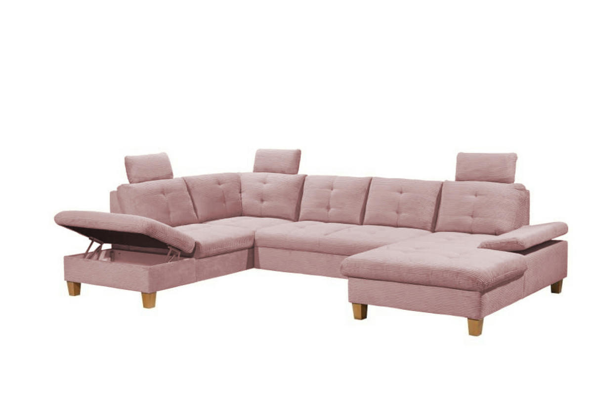 WOHNLANDSCHAFT mit Schlaffunktion und Bettkasten, Cord - Birkefarben/Rosa, Textil (324/107/225cm) - ed exciting design