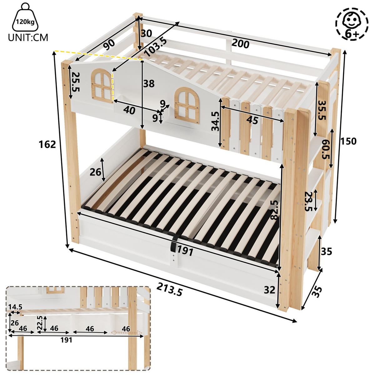 ETAGENBETT 90/200 cm aus Kiefer und MDF mit LED, Weiß/Natur - Eichefarben, Holzwerkstoff (90/200cm) - OKMYHOME
