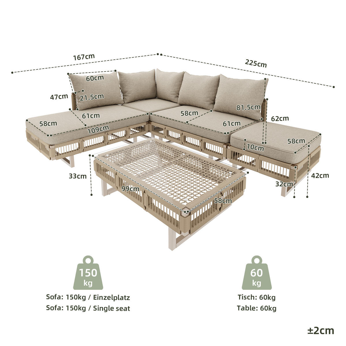 LOUNGESET, Seilgeflecht, Verstellbare Füße, Glas-Couchtisch, Beige - Beige, Metall - FLIEKS