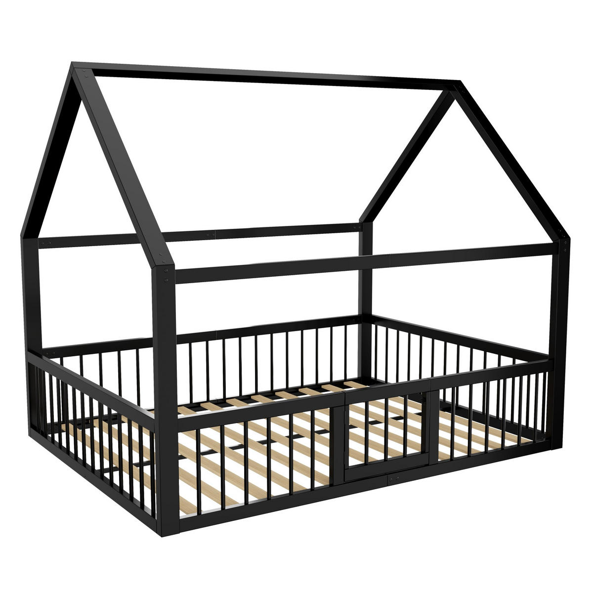 KINDERBETT 140/200 cm in Hausform aus Metall mit Sicherheitsgeländer Schwarz - Schwarz, Metall (140/200cm) - BEAOK