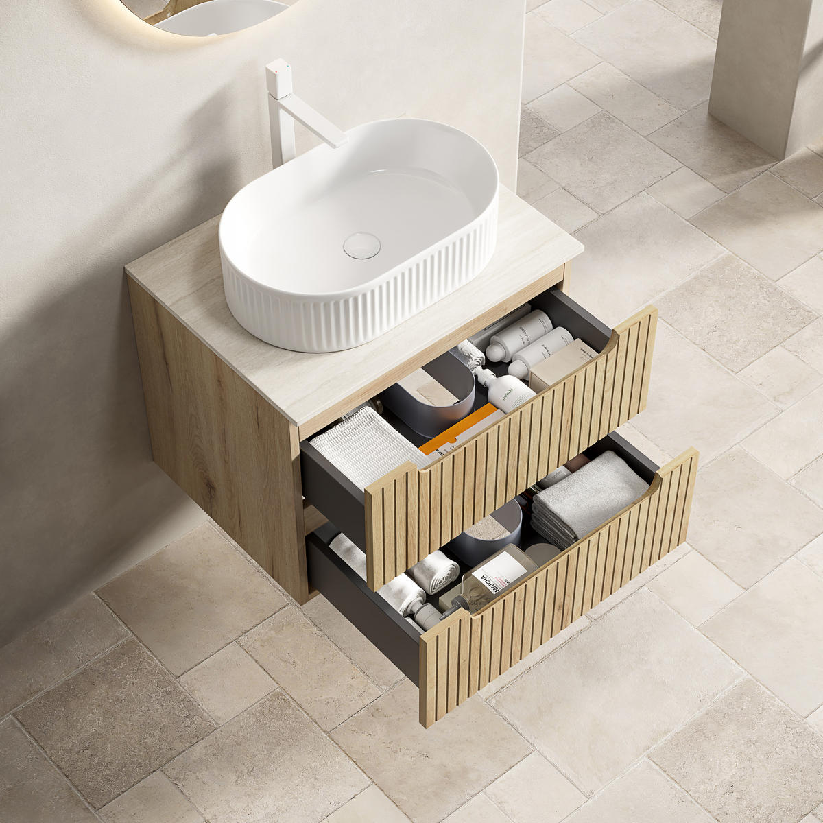 WASCHTISCHUNTERSCHRANK 60x46x62.2cm Weiß/Weißeiche mit ovalem Keramikbecken & 2 Schubladen - Eichefarben, Keramik (60/62.2/46cm) - Modfu