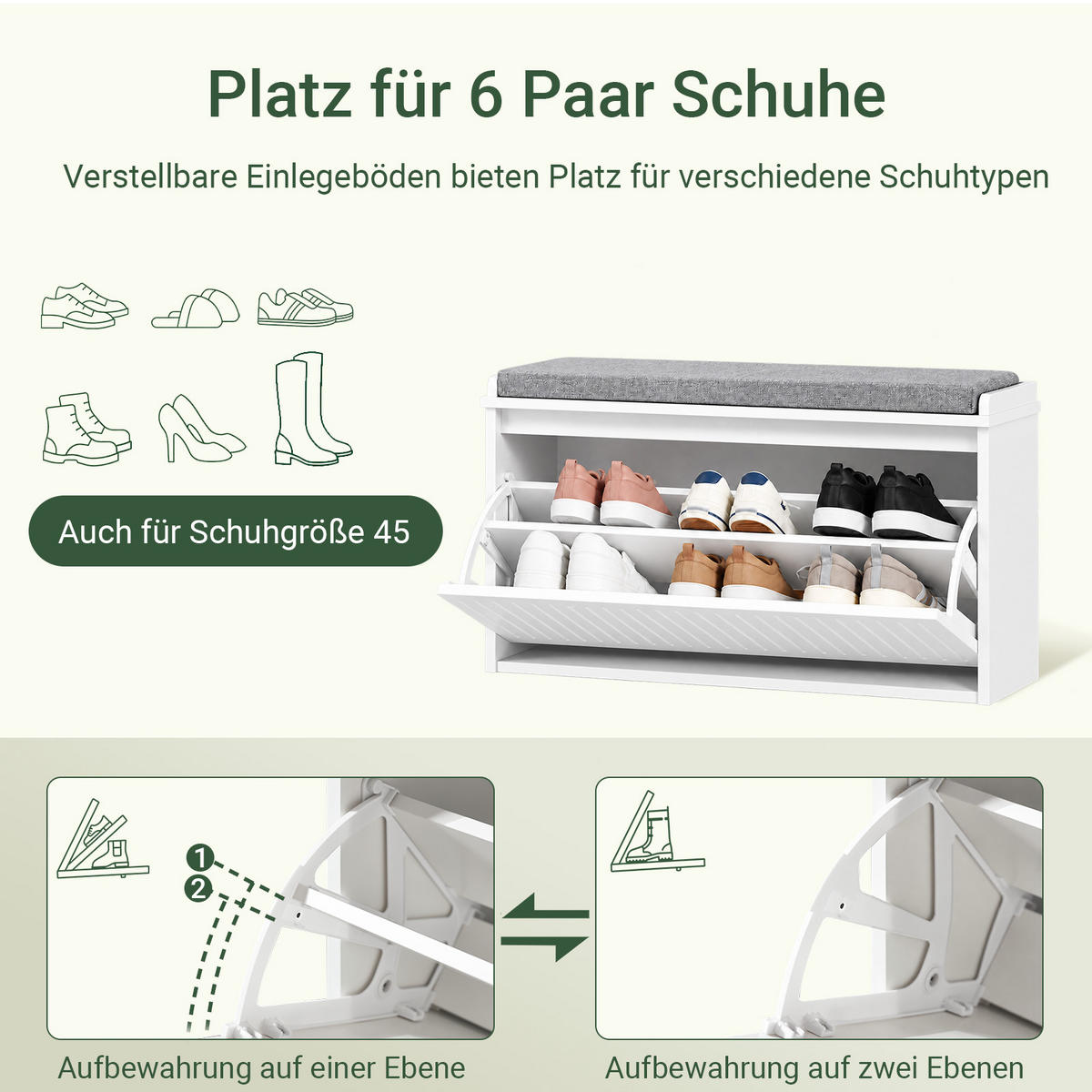SCHUHBANK weiß, 80 x 45 x 26 cm, Sitzfläche bis 150 kg, 1 Klappe für 6 Paar bis EU 46, abnehmbares Sitzpolster - Weiß, Holzwerkstoff (80/45/26cm) - SoBuy