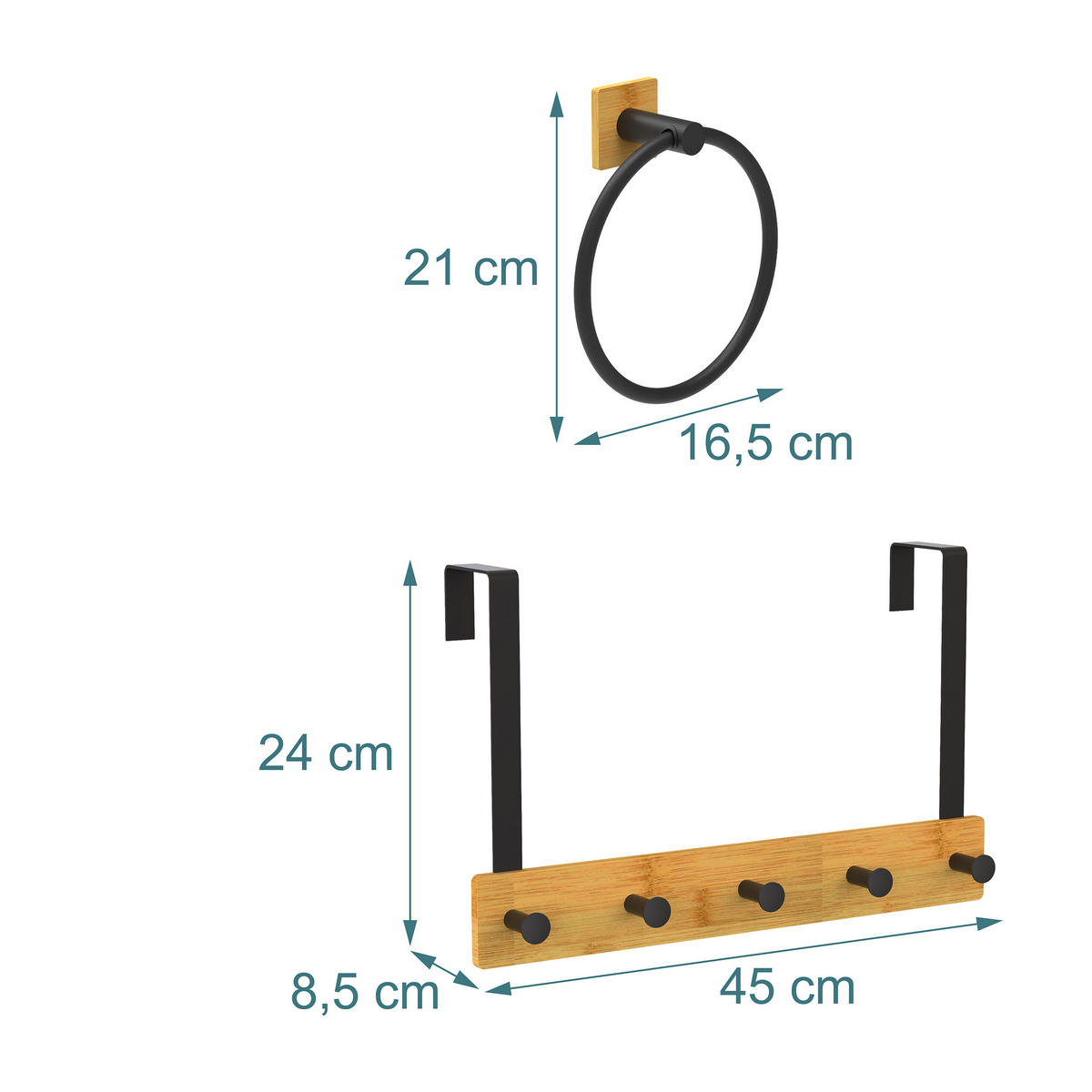 SADA Černá přírodní bambus kov 2dílná-sada věšák na dveře 5 háčků samolepicí - různobarevná, kov/dřevo (45/24/8.5cm) - Relaxdays