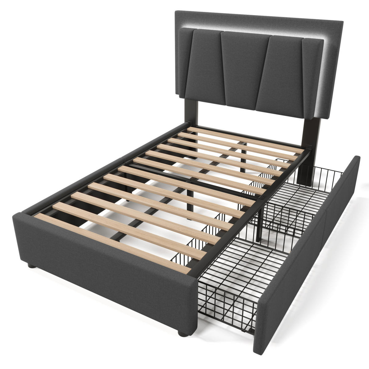 POLSTERBETT 90/200 cm grau mit LED-Beleuchtung und zwei Schubladen - Grau, Holz (90/200cm) - OKWISH