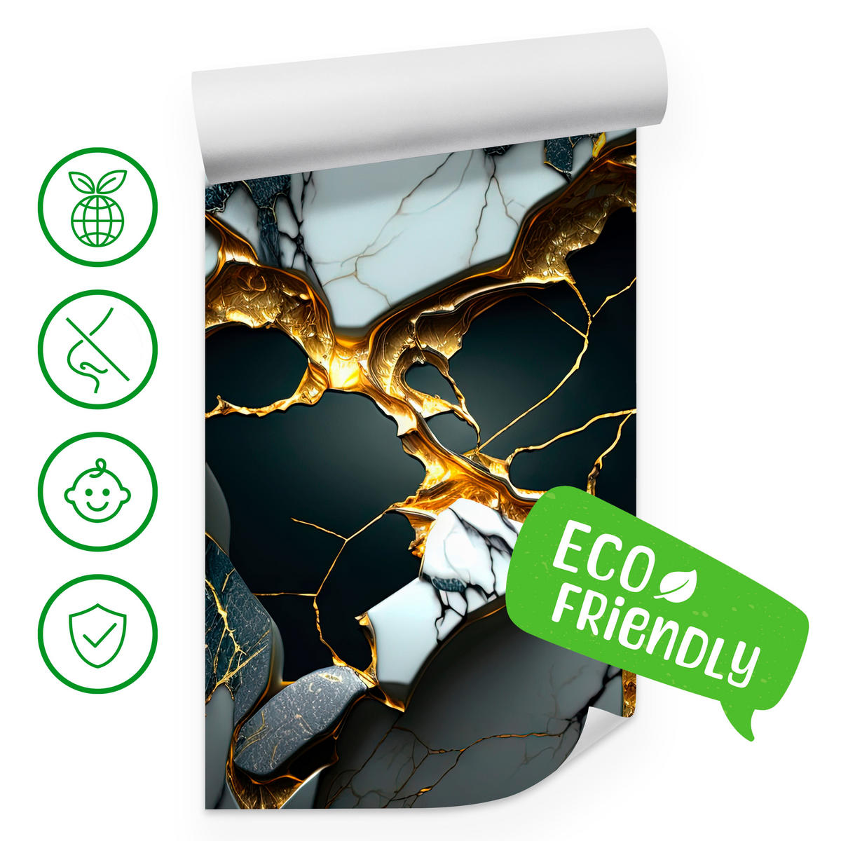 FOTOTAPETE für Wohnzimme Schwarze Weißer Marmor Goldelementen 200x140 - Goldfarben/Schwarz, Papier (200/140cm) - Muralo