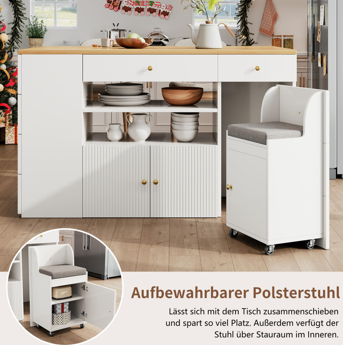 KUCHYNSKÝ ostrovček 140/40(70)/89 cm biely z MDF a kovu so 6 zásuvkami a taburetom - biela, kompozitné drevo (140/89/70cm) - OKWISH