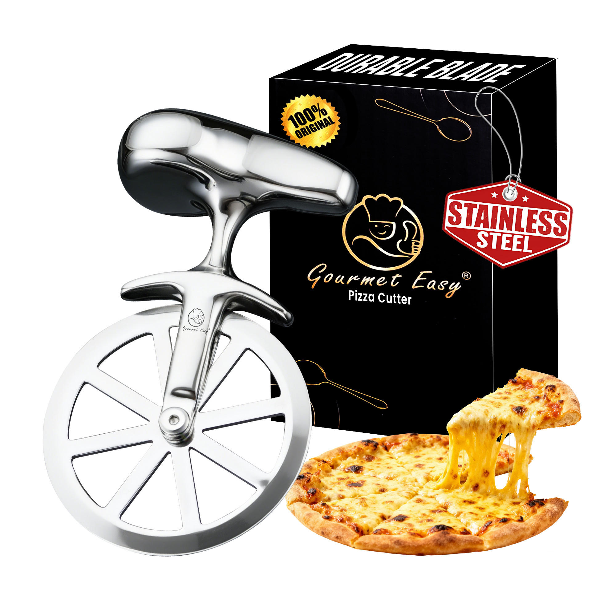 PIZZASCHNEIDER aus Edelstahl, extrem langlebig, rutschfest, ergonomisch, leicht zu reinigen - Edelstahlfarben, Metall (13/4.2/7.5cm) - Gourmet Easy