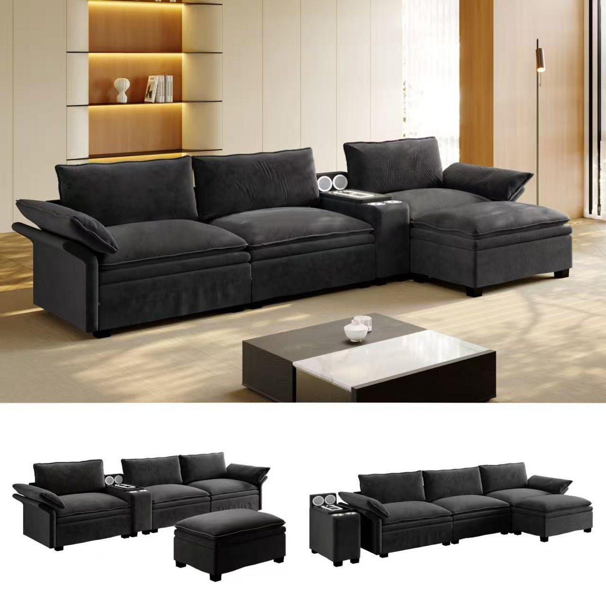 4-SITZER ECKSOFA Chenille Schwarz mit Stauraum, LED und USB - Schwarz, Holzwerkstoff/Textil (315/70cm) - WISHDOR