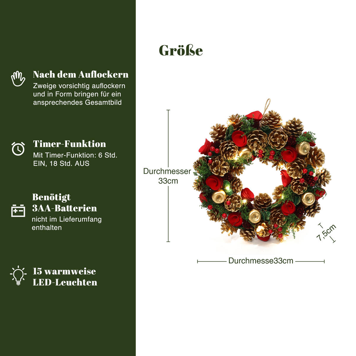 WEIHNACHTSKRANZ mit 15 LEDs, Timer, Zapfen & Blüten - Dunkelgrün, Naturmaterialien (34cm) - Hometopia
