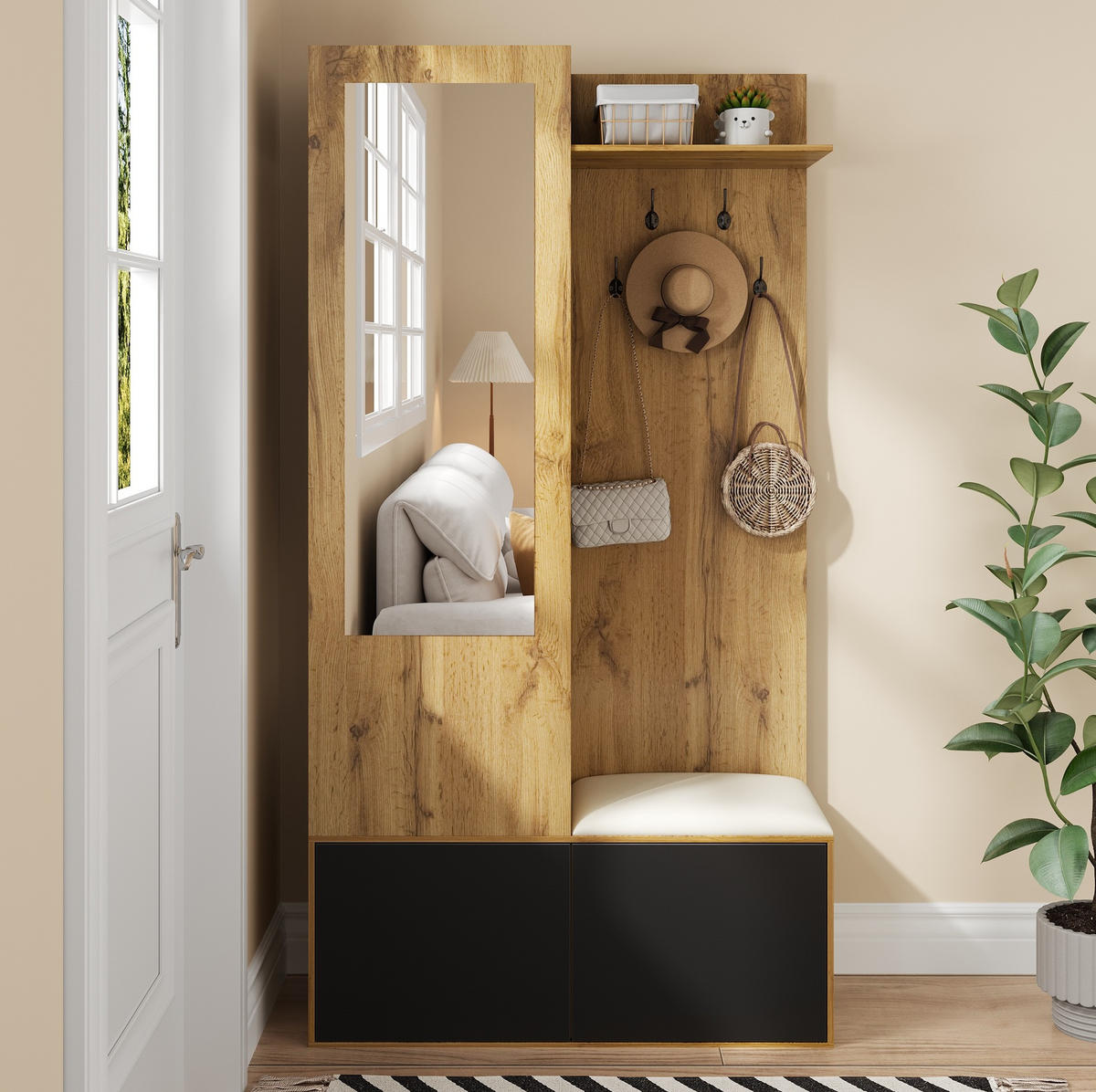 GARDEROBE 100/191/38 cm Schwarz/Natur aus MDF mit Spiegel und Schuhschrank - Schwarz, Holzwerkstoff (38/191/100cm) - OKMYHOME