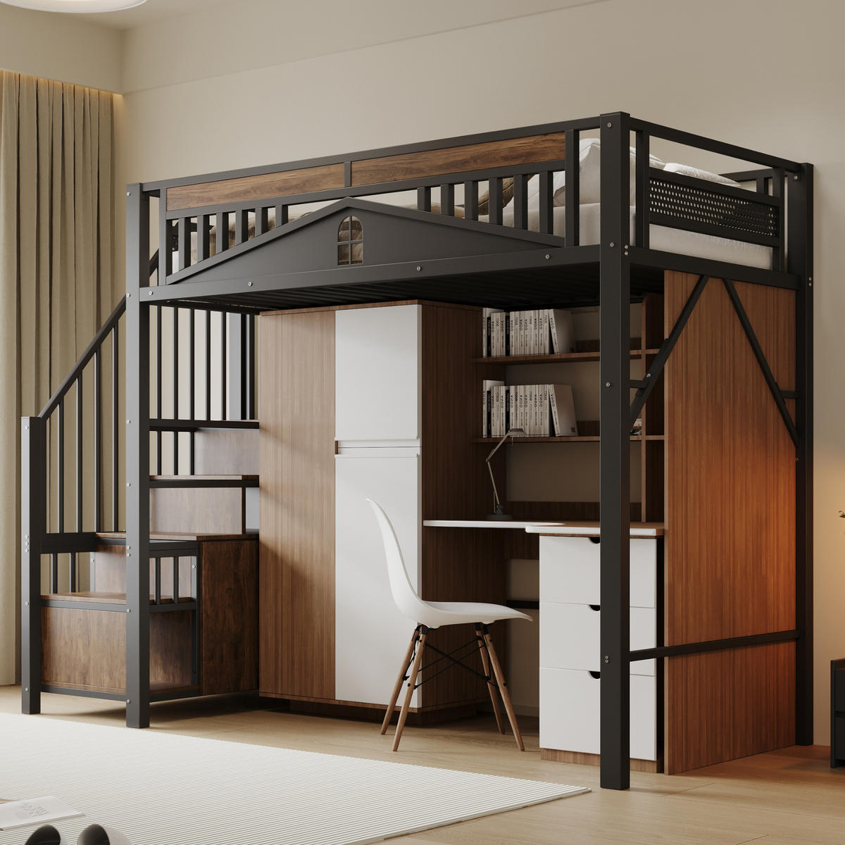HOCHBETT aus Metall und Holz 90x200 cm Schwarz mit Stauraumtreppe, Schrank und Sicherheitszaun mit Fenster - Schwarz, Metall (90/200cm) - Modfu