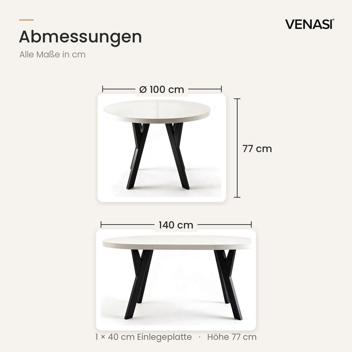 ESSTISCH ausziehbar rund 100-140 cm ATO Weiß, Auszugstisch mit Einlegeplatte - Schwarz/Weiß, Holzwerkstoff (100/100/77cm) - VENASI MÖBEL