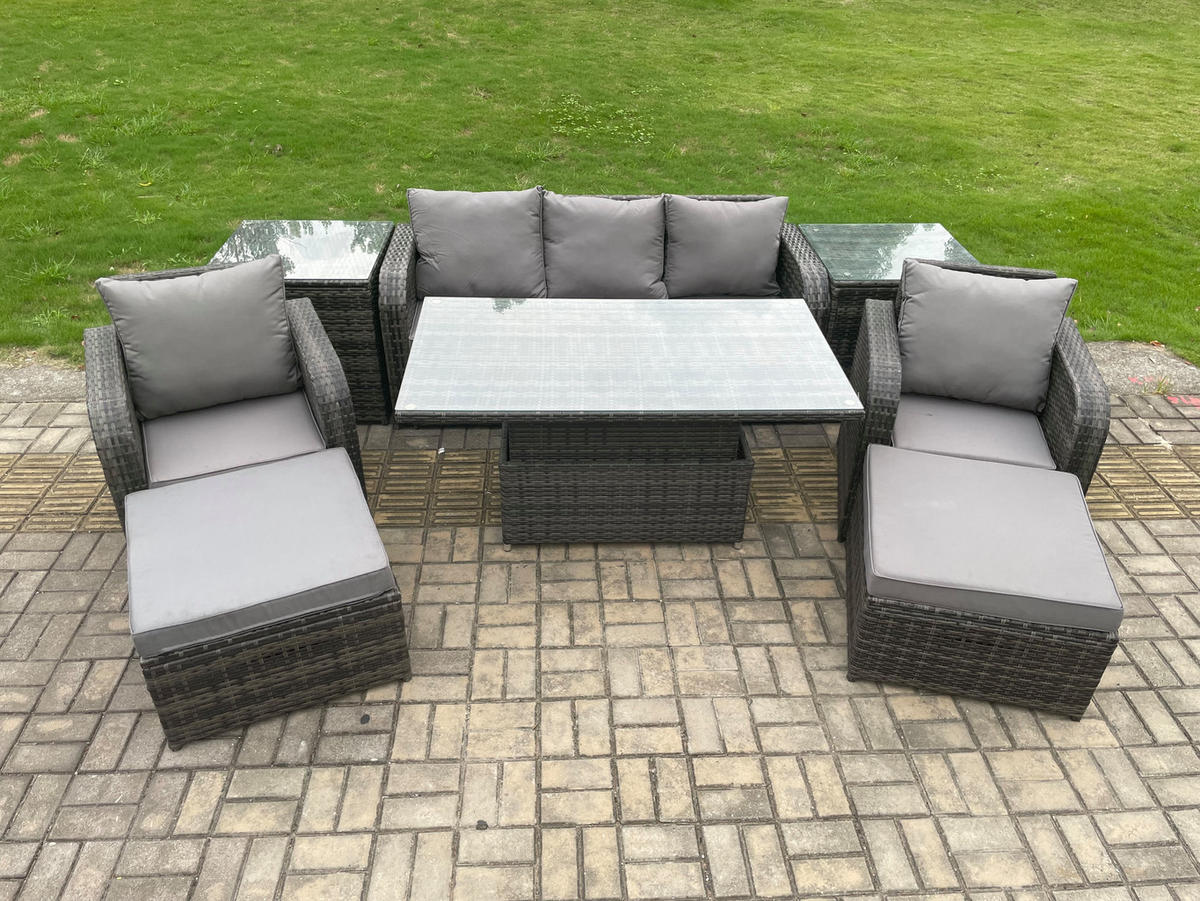 GARTENMÖBEL-SET HÖHENVERSTELLBARER ESSTISCH LOUNGE SOFA HOCKER Polyrattan Outdoor 7-Sitzer - Dunkelgrau/Grau, Glas/Kunststoff - Fimous
