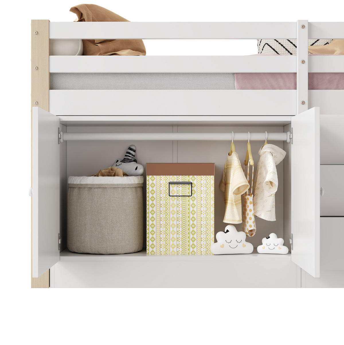 HOCHBETT 90/200 cm Weiß aus MDF mit Treppe und Stauraum - Weiß, Holzwerkstoff (90/200cm) - OKMYHOME