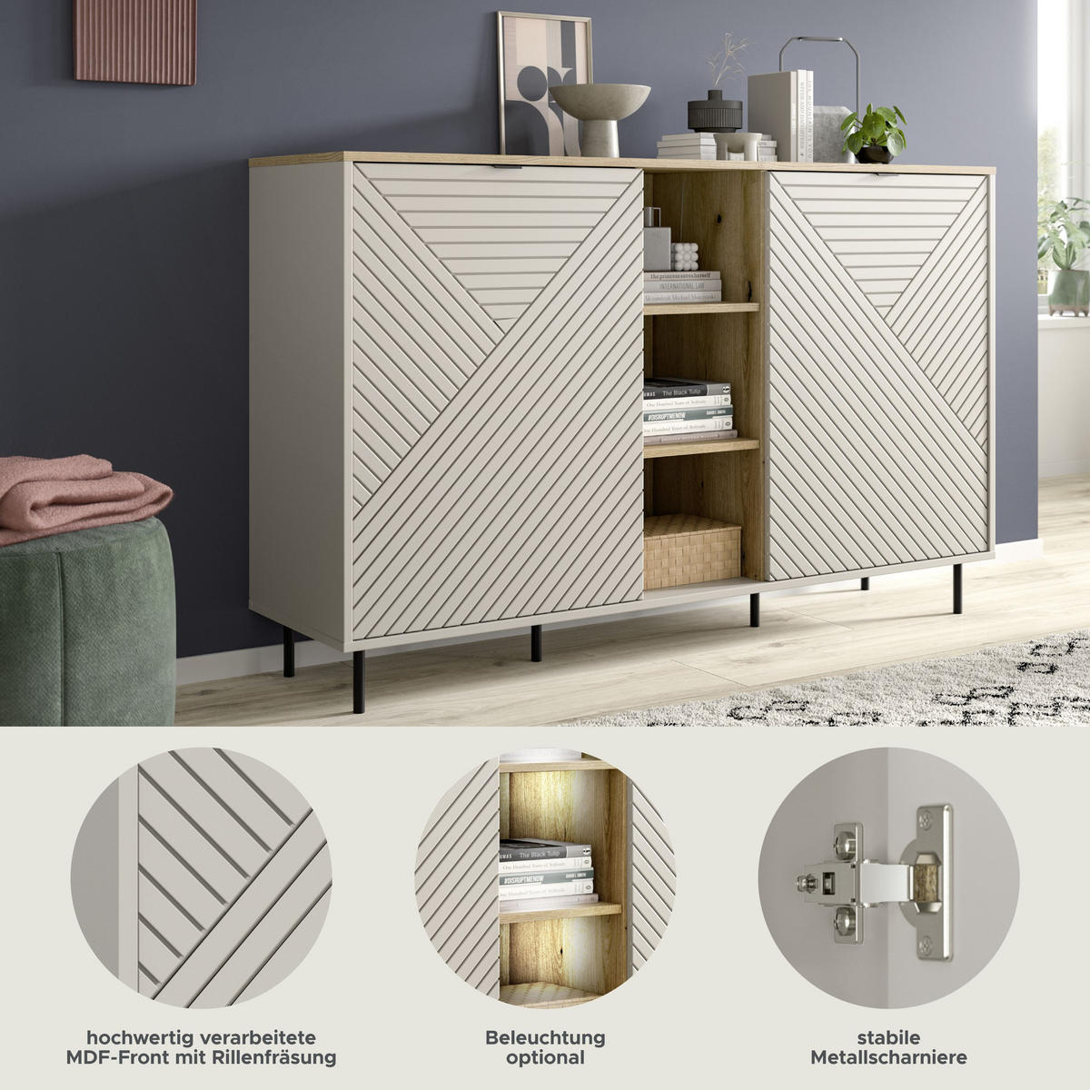 SIDEBOARD Campus Kaschmir 154/40/95 cm - Beige, Holzwerkstoff (154/95/40cm) - Xonox
