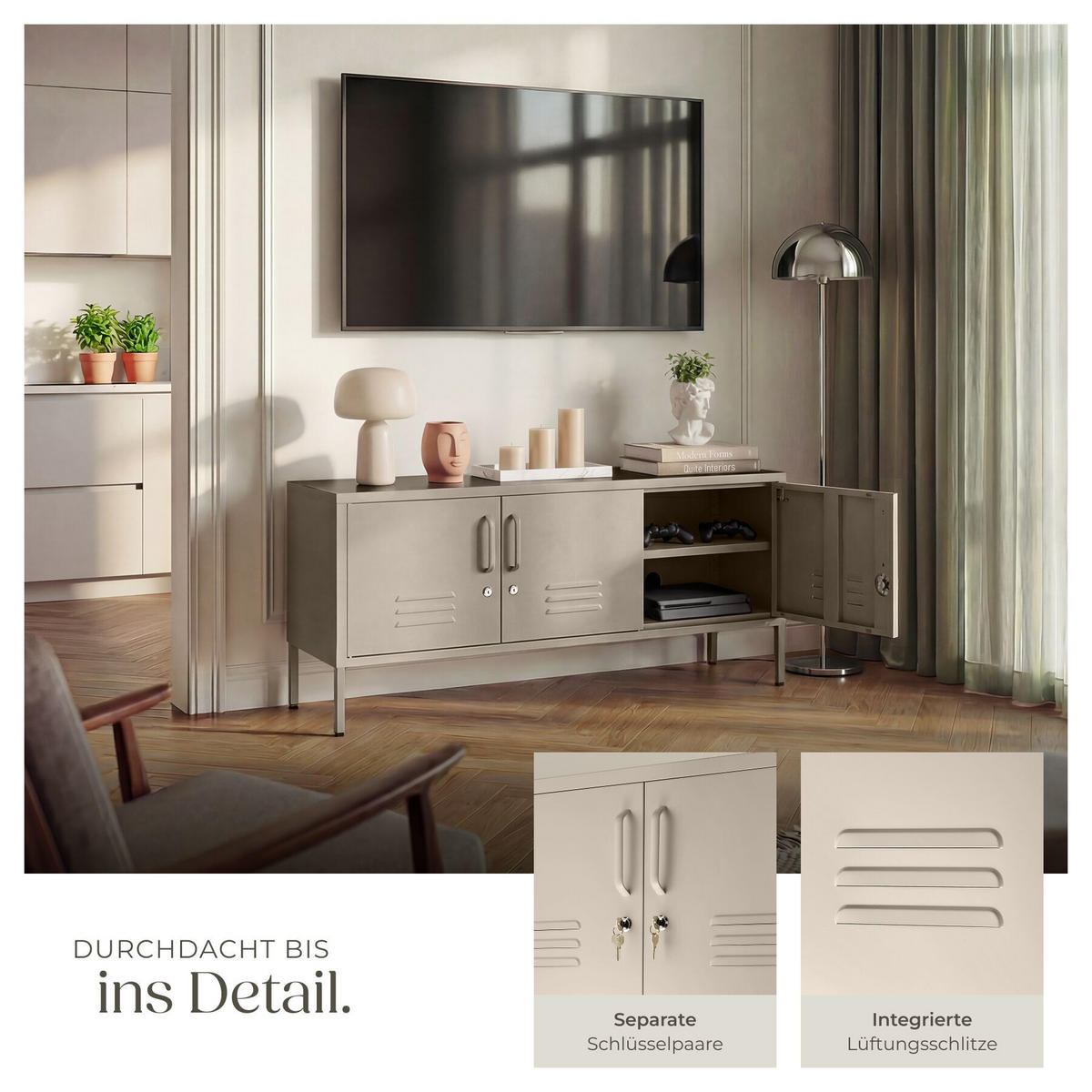 SIDEBOARD Baker, Kippschutz, höhenverstellbare Füße, taupe - Taupe, Metall (120/55.5/37.5cm) - tectake