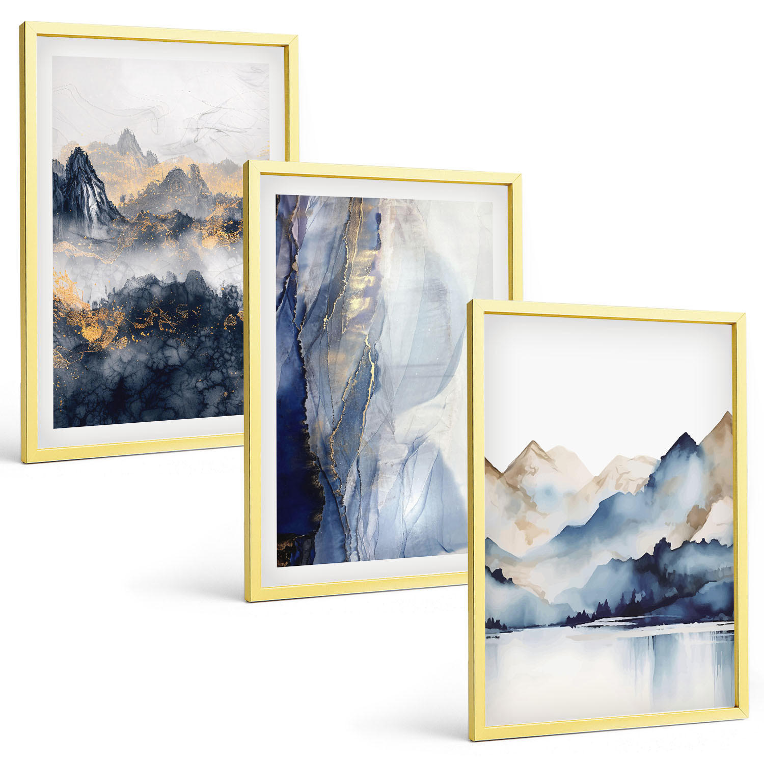 BILDER SET 3er Set - 40x60 cm Goldrahmen - Blaue und graue Berglandschaften - Goldfarben, Kunststoff (40/60cm) - TULUP