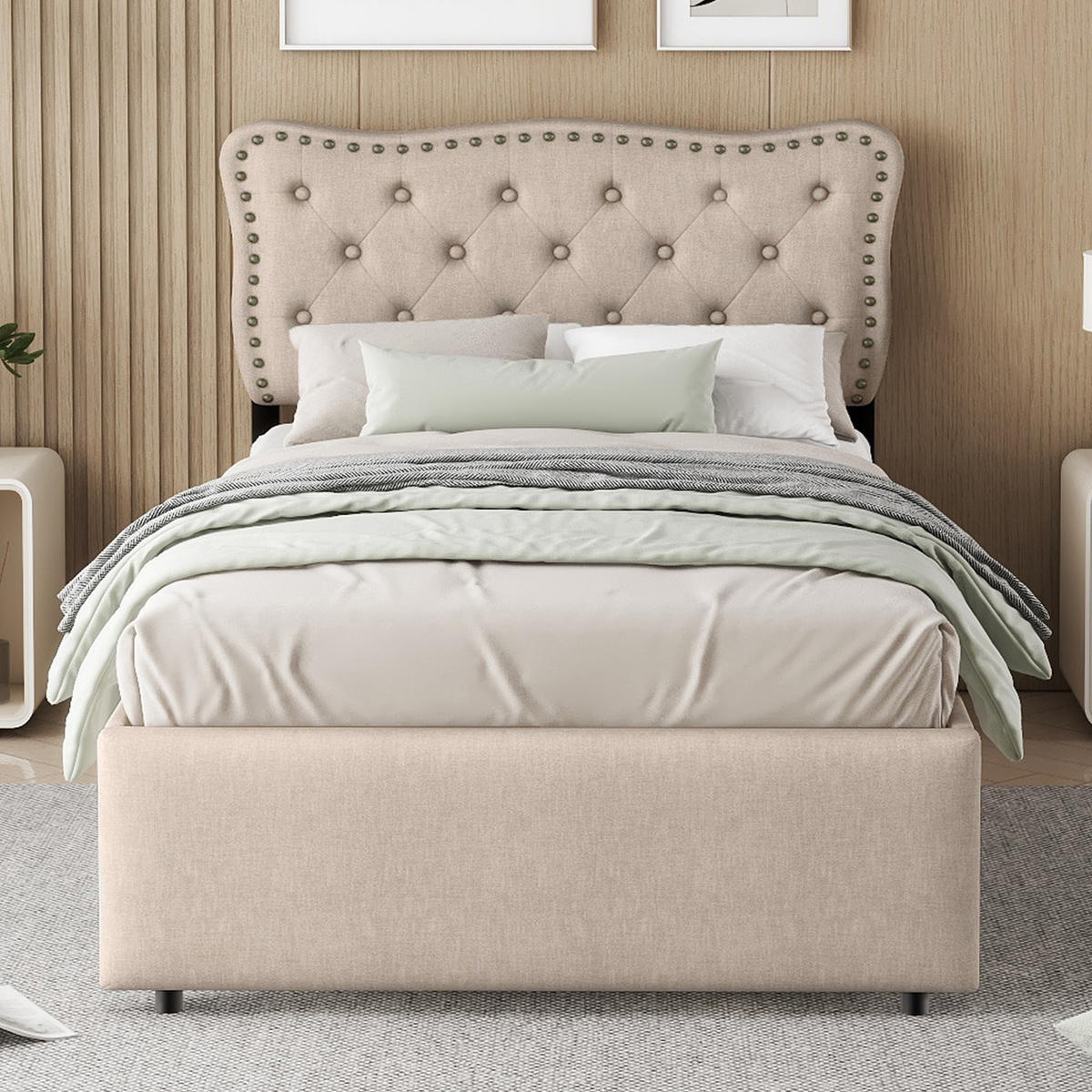 POLSTERBETT 90/200 cm dunkelbeige mit Schubladen und dekorativen Nieten - Beige, Textil (90/200cm) - OKWISH
