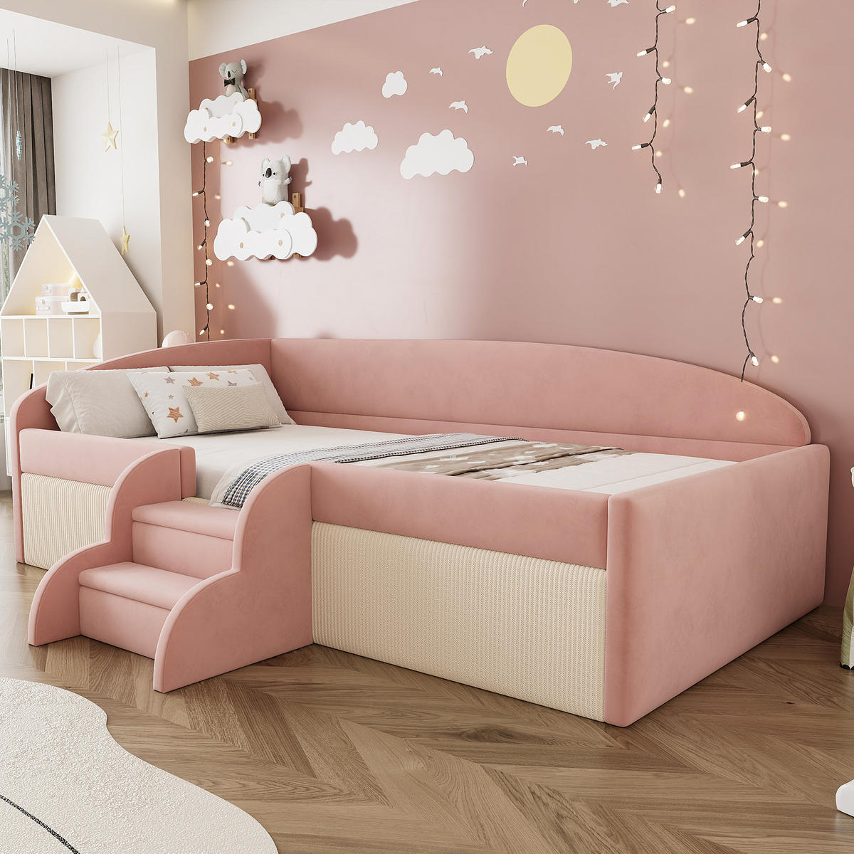 KINDERBETT 90/190 cm rosa-cremeweiß mit Sicherheitsdesign und Samtbezug - Pink, Textil (90/190cm) - OKWISH
