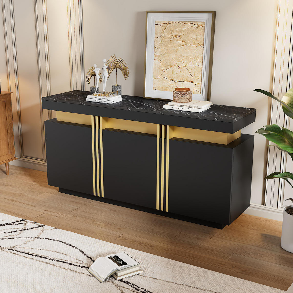 SIDEBOARD Schwarz Gold 3 Türen 140x38x70cm Stauraum Modern - Schwarz, Holzwerkstoff (38/70/140cm) - FLIEKS