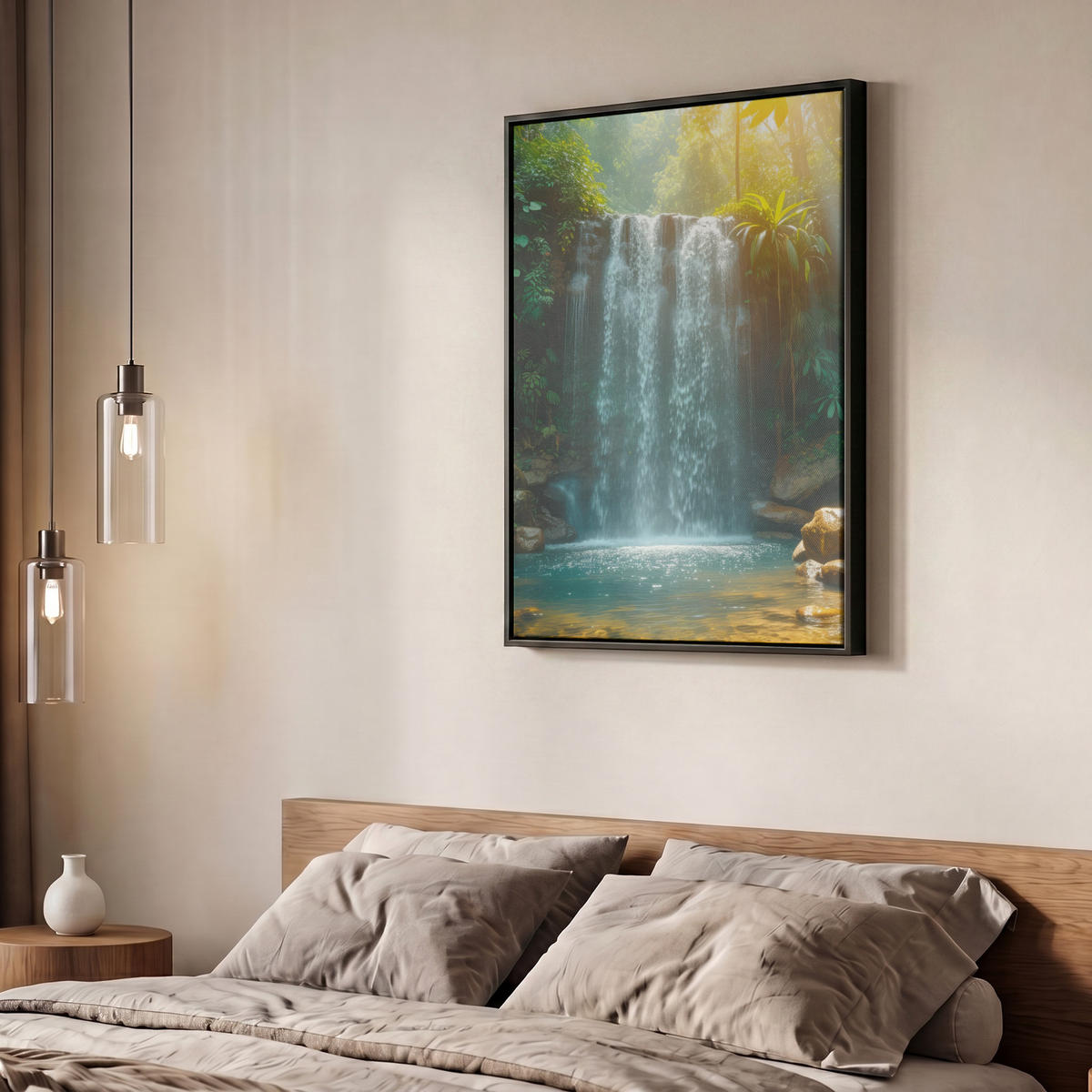 LEINWAND Bilder mit Rahmen - Wasserfall - Dschungel - Sonne - Grün - Natur - 50x70 - Grün, Textil (50/70cm) - MuchoWow