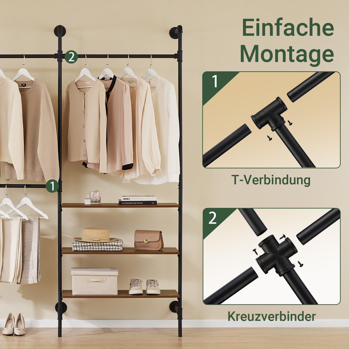 WANDGARDEROBE & Kleiderständer 220x168 cm, 3 Stangen und 3 Böden in Holzoptik, Schwarzes Stahlrohr, Industrial, Flur & Schlafzimmer - Schwarz, Kunststoff (168/220/46cm) - SoBuy