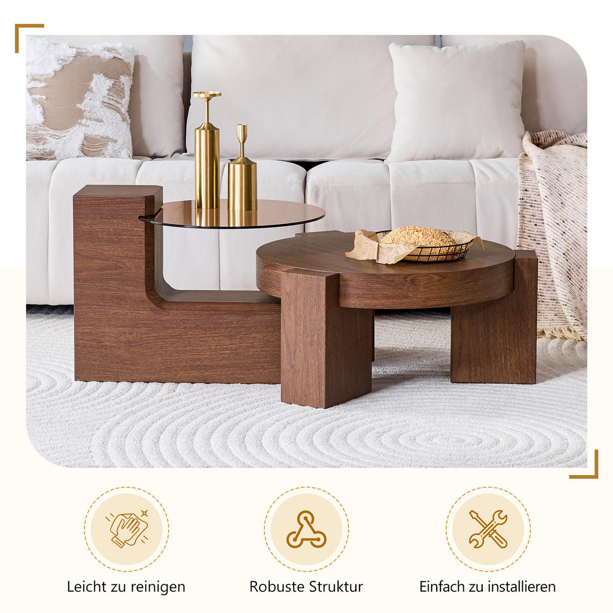 COUCHTISCH in Walnussfarbe 2er-Set Couchtisch-Kombination mit Glasplatte für Wohnzimmer, B44/T62/H44 cm, Ø61/H30 cm - Walnussfarben, Glas/Holzwerkstoff (61/61/30cm) - STILVORA