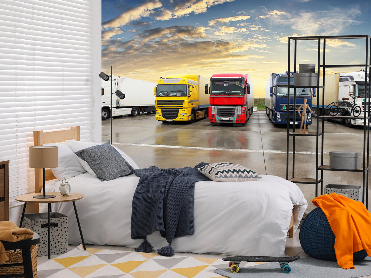 FOTOTAPETE für Wohnzimmer Lastwagen Parken Sonnenuntergang 400x280 - Gelb/Rot, Papier (400/280cm) - Muralo