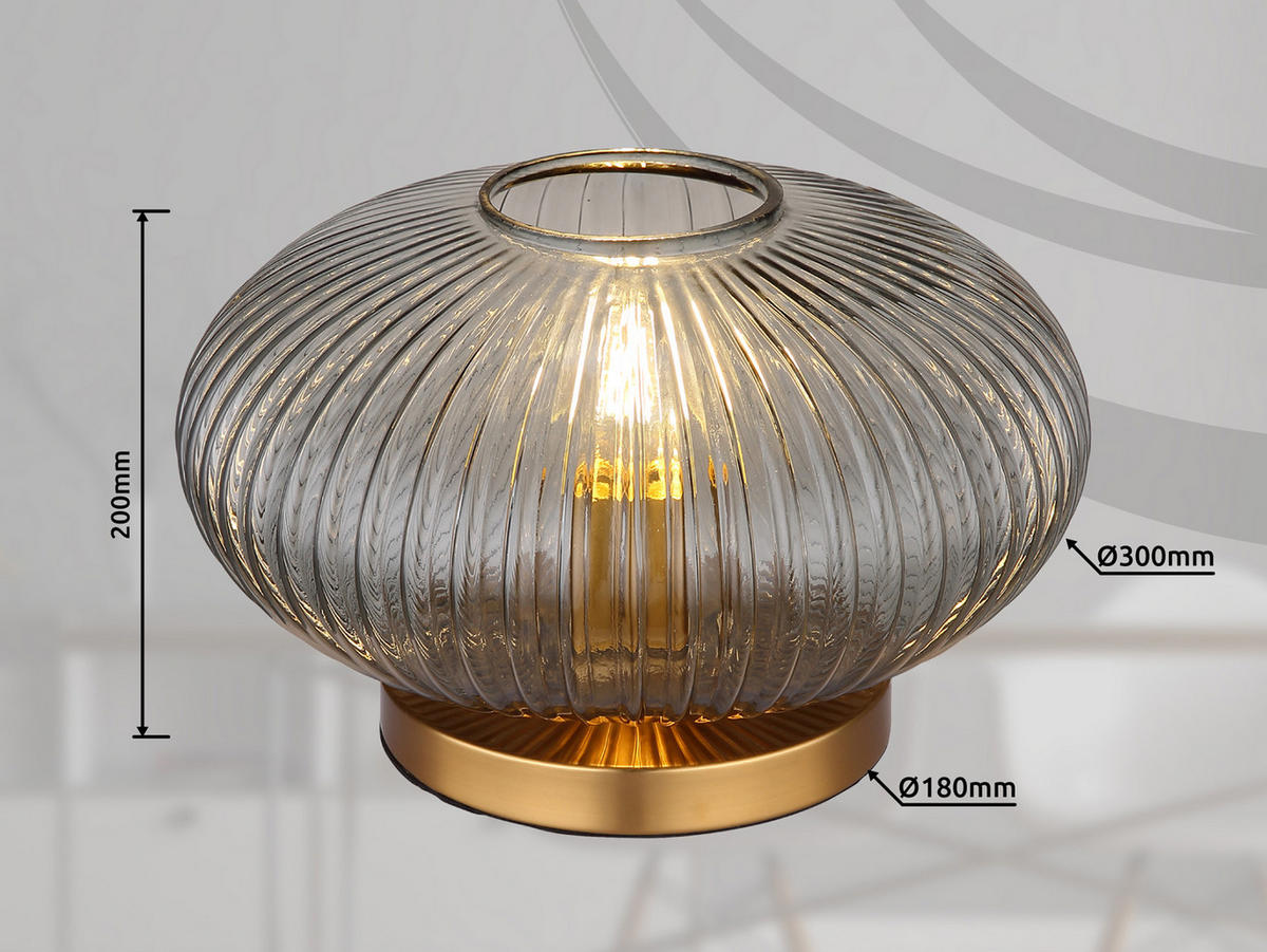 LED-TISCHLAMPE Ø30cm, Lampenschirm Rauchglas - Messingfarben/Grau, Glas/Metall (30/30/20cm) - meineWunschleuchte