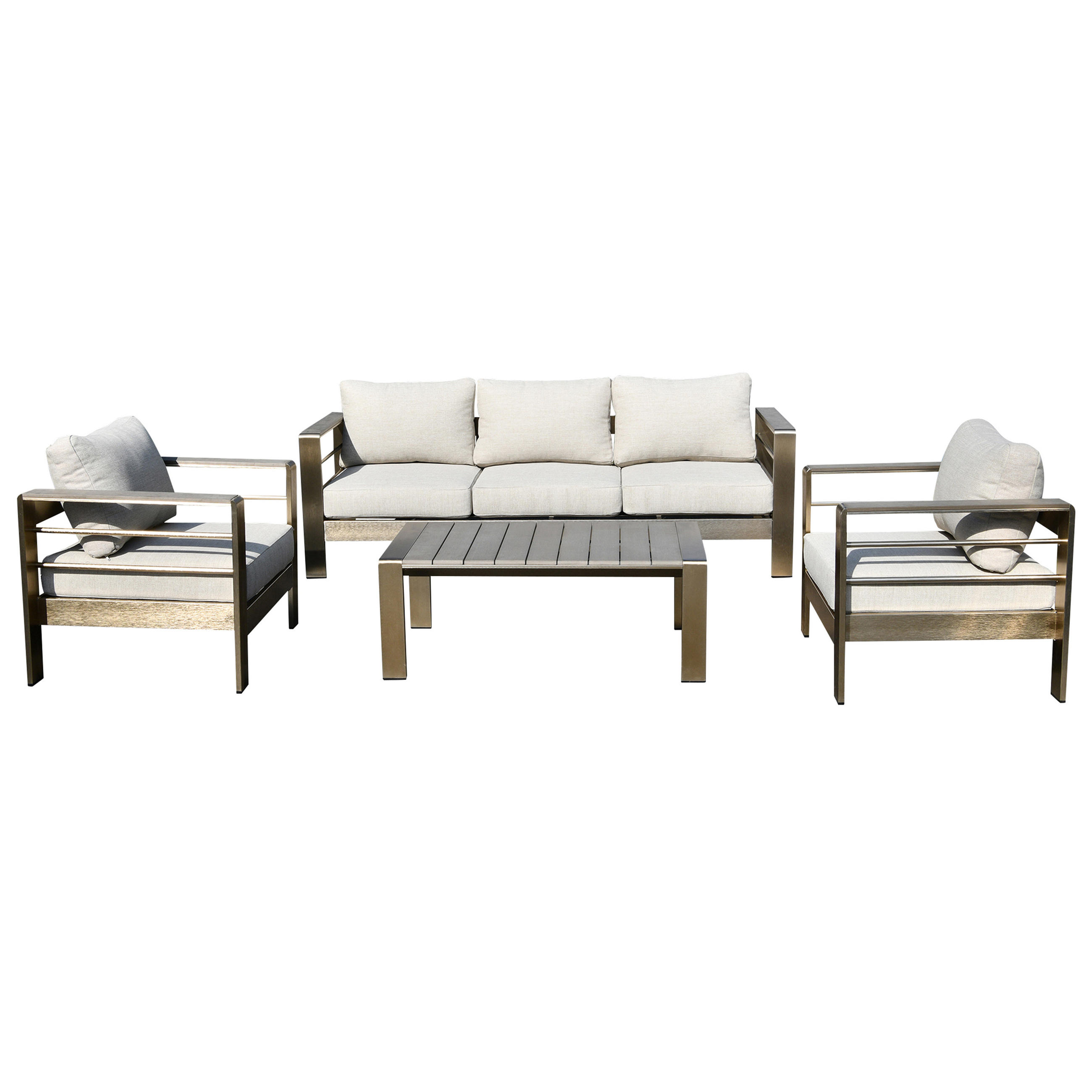 LOUNGE-SET Rochdale - 4-teilig aus gebürstetem Aluminium, Tischplatte und Armlehnen aus Kunstholz naturfarben - Grau, Metall - TPFGarden