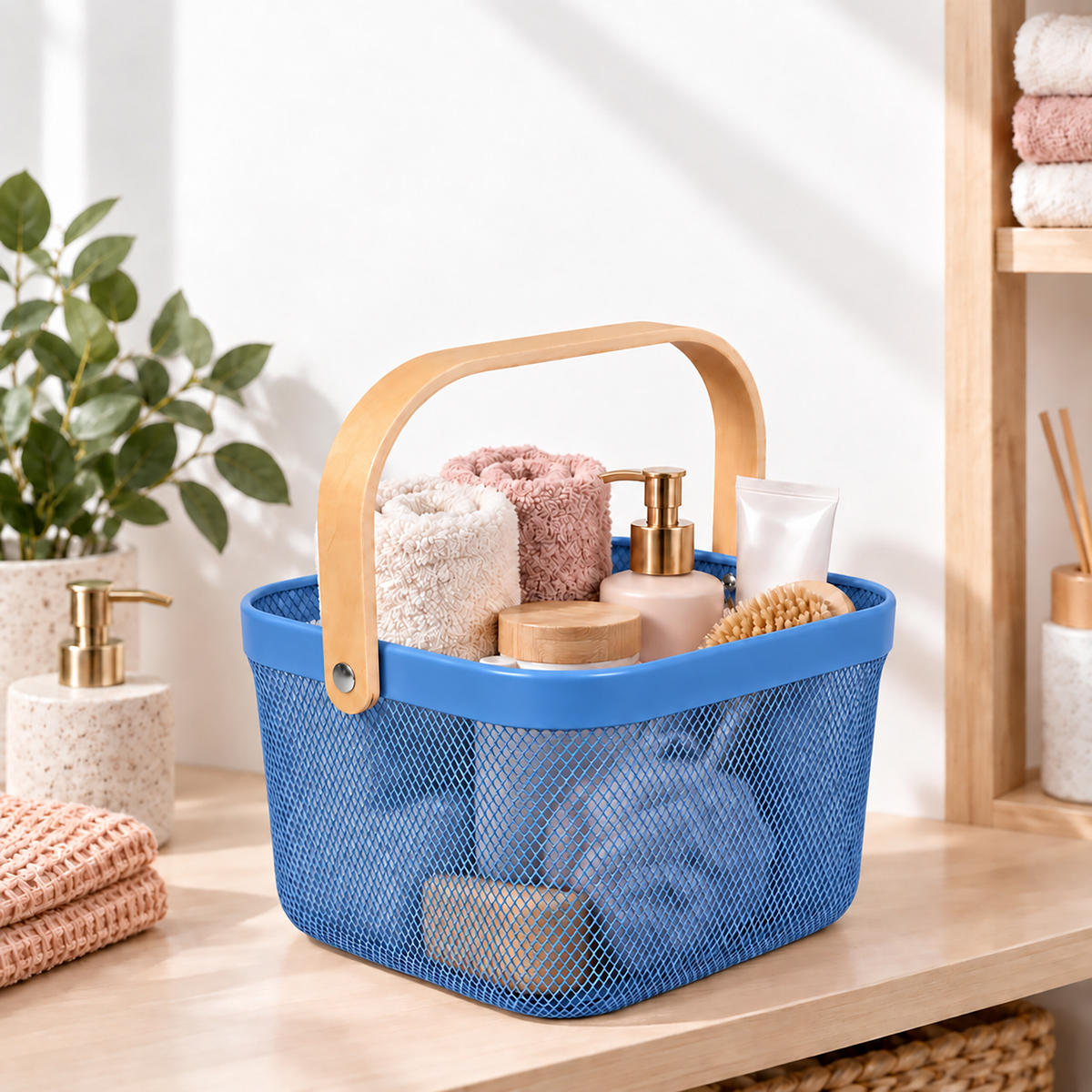AUFBEWAHRUNGSKORB Dunkelblau Metall Holzgriff - Dunkelblau, Holz/Metall (26/17.5/24.5cm) - Relaxdays