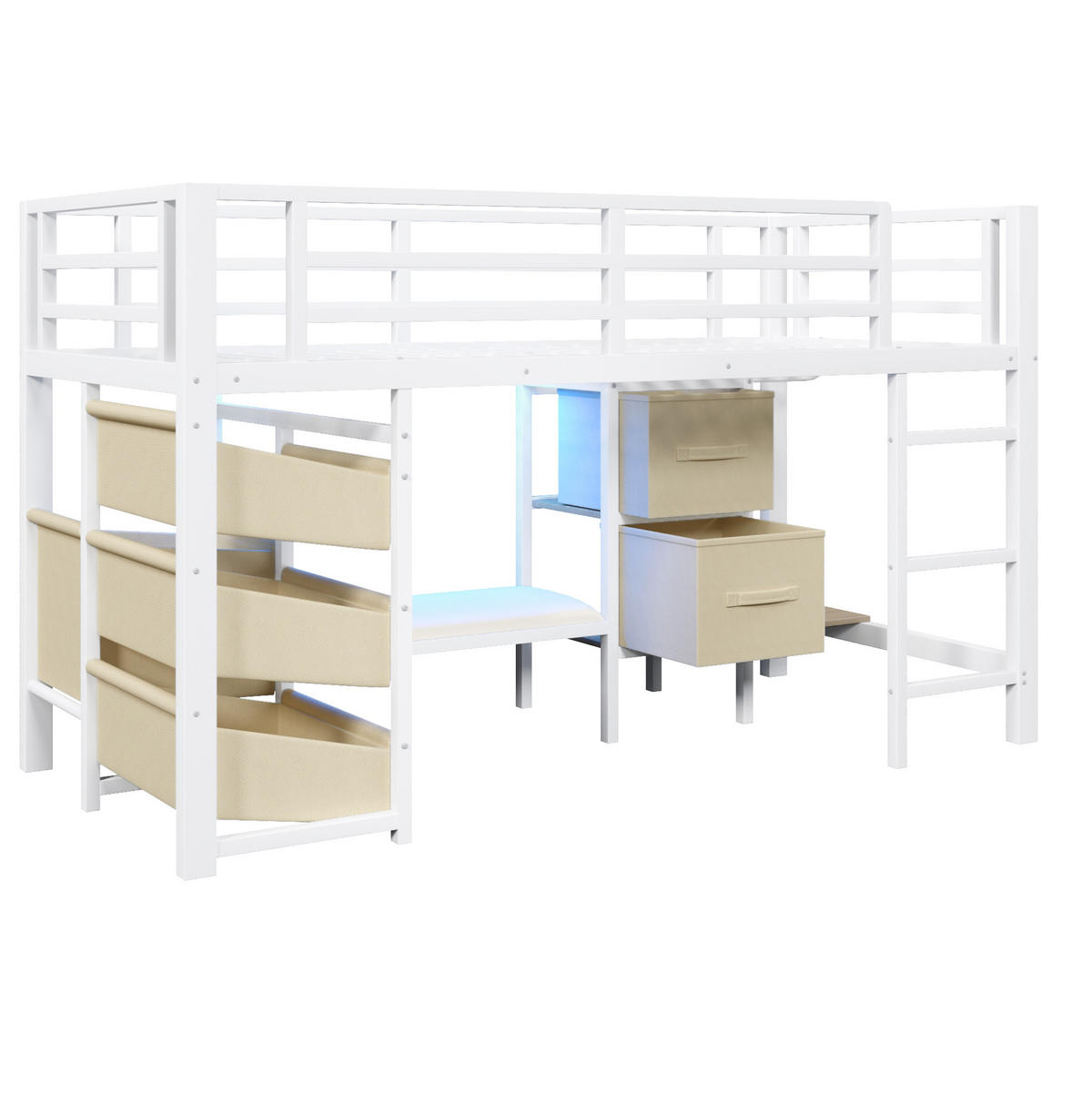 VYSOKÁ posteľ 90/200 cm biela z kovu s LED osvetlením úložným priestorom a sedacím vankúšom - biela, kov (90/200cm) - OKWISH